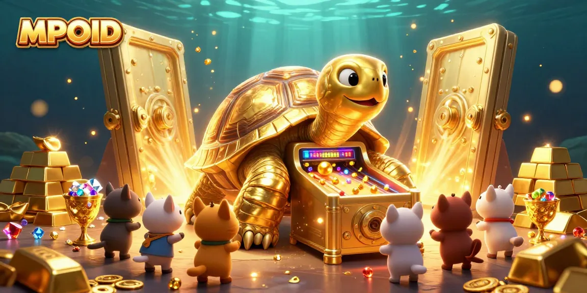 Engage with MPOID's vibrant casino experience featuring a joyous 3D illustration of a golden tortoise pinball machine.