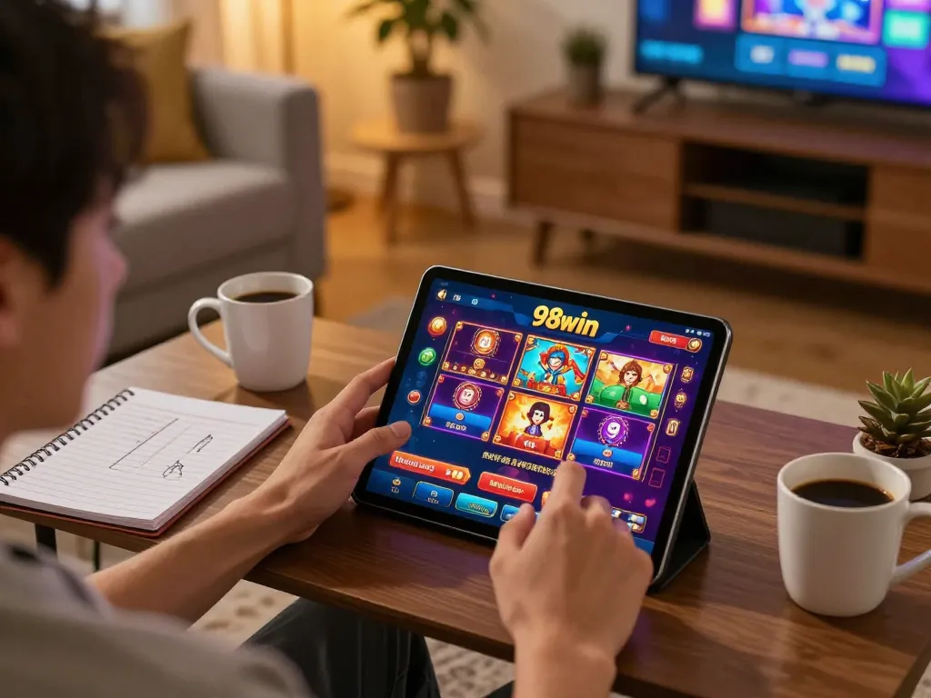 Engaged gamer using the 98win app for online betting while enjoying a cozy home environment.