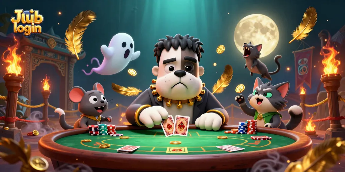 Engaging scene showcasing Jai club login with a Frankenstein bulldog and werewolf kitten at a poker table filled with chips.