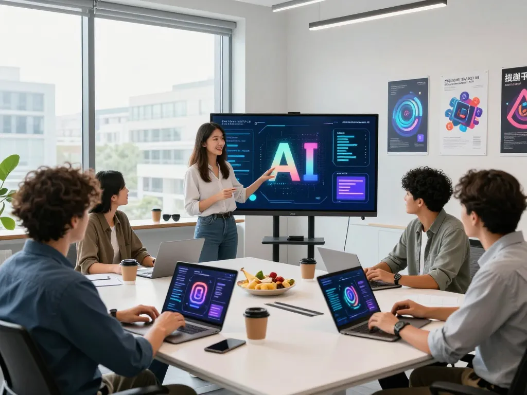 Team using image to prompt ai tool in a modern office setting, showcasing collaboration and technology.