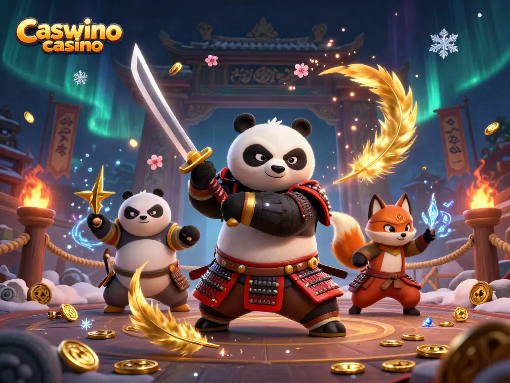 Experience thrilling gameplay at Caswino casino with a dynamic samurai panda and ninja fox.