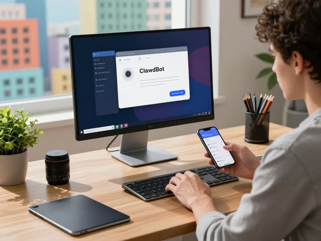 ClawdBot in a modern home office setting, enhancing productivity through personal AI interaction.