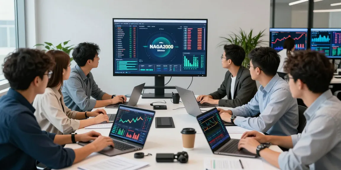 Collaborative team analyzing NAGA2000 market data in a modern financial workspace.