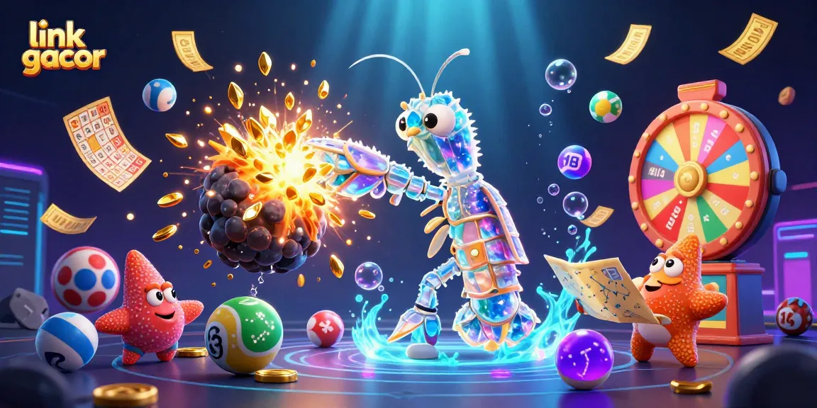 Engage with link gacor casino gaming scene featuring a mantis shrimp and starfish amid a vibrant illustration of casino elements.