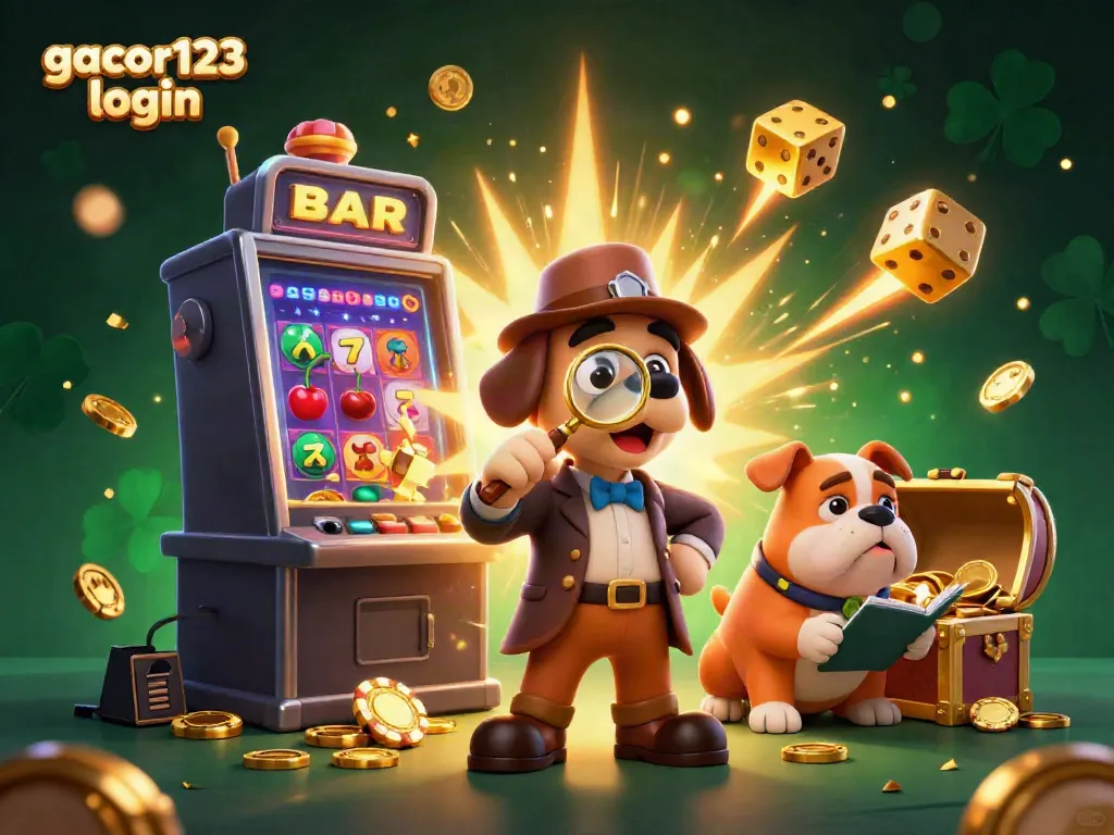 Engage with gacor123 login through this casino-themed illustration featuring detectives and slot machines.