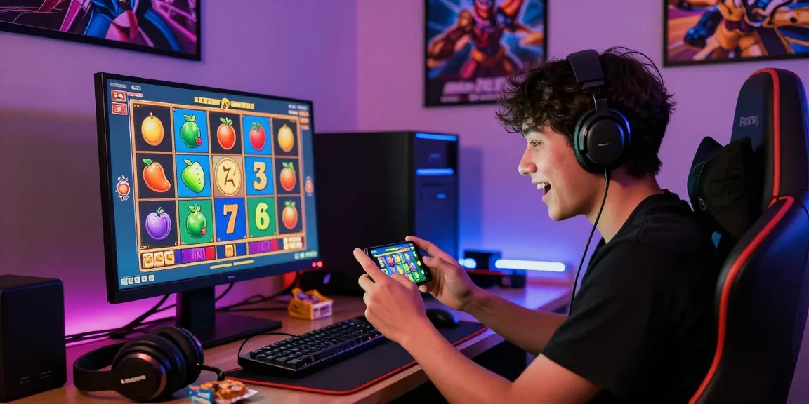 Excited player engaging with slot dana game on smartphone, vibrant graphics and cozy gaming setup.