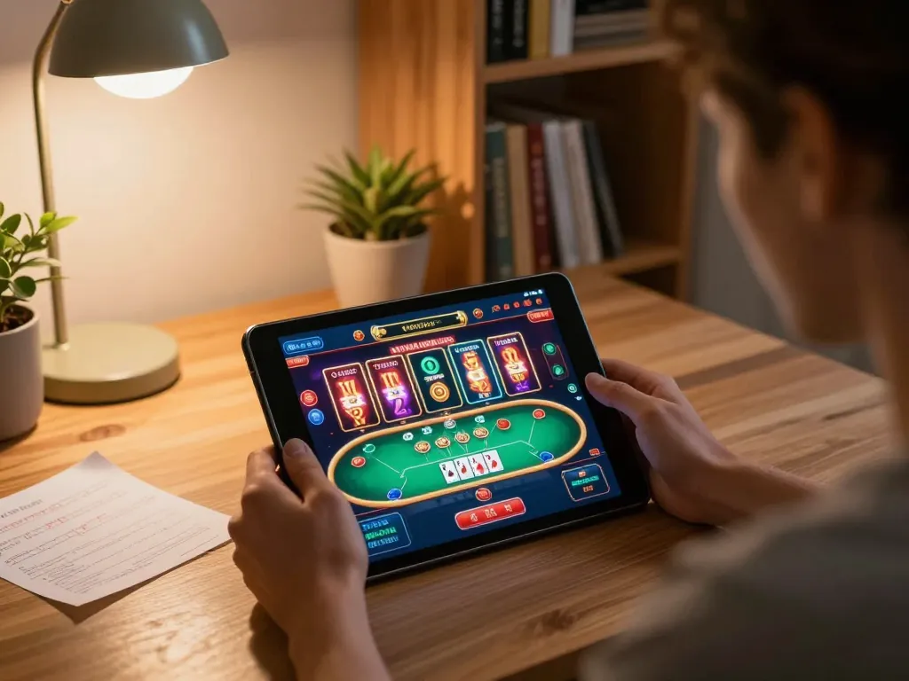 Engaging gameplay at 566 online casino, focused player analyzing poker options on tablet.