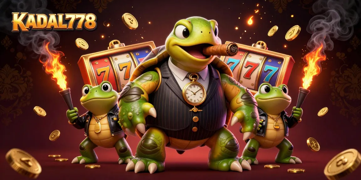 KADAL778 players enjoy thrilling slot action with a mobster turtle and bullfrog enforcers in a vibrant casino.