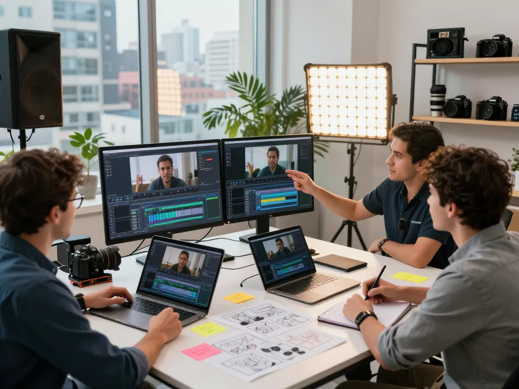 Content creators using the video to promptgenerator in a vibrant production studio, collaborating on video edits and scene breakdowns.