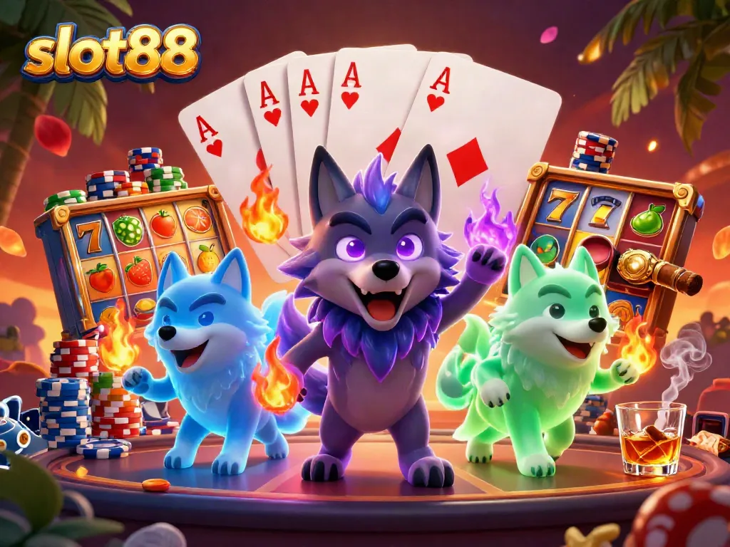 Experience thrills with slot88 as ghostly wolves surround vibrant slot reels and poker elements.