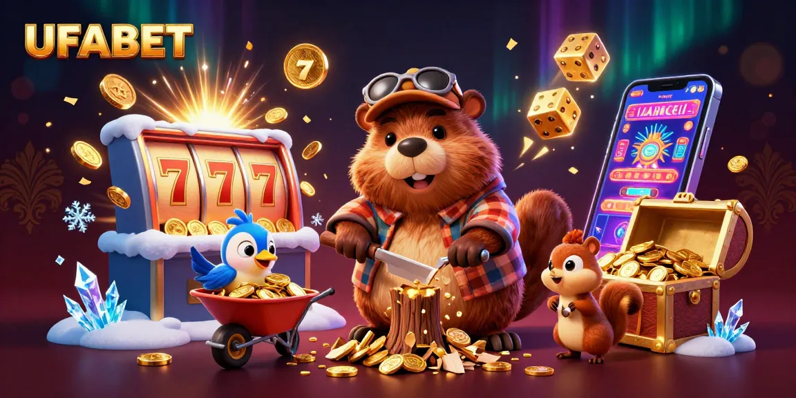 Experience the excitement at UFABET with a vibrant casino scene featuring golden coins and jackpots