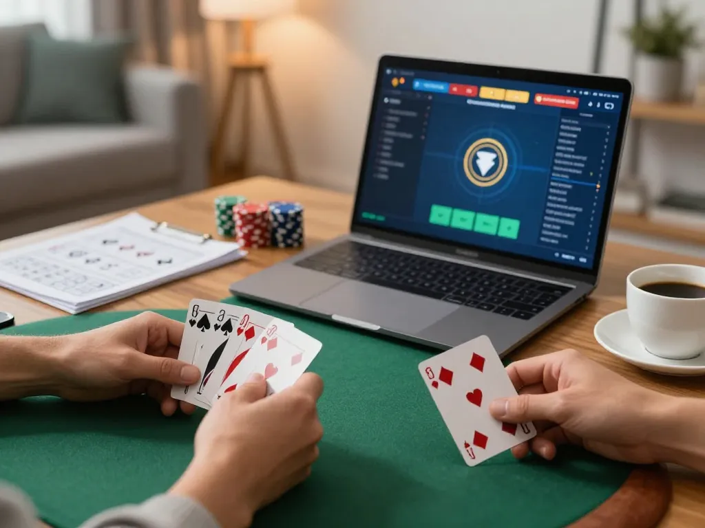 Engage with XX88 online poker gameplay at home, featuring strategic card play in a cozy setting.
