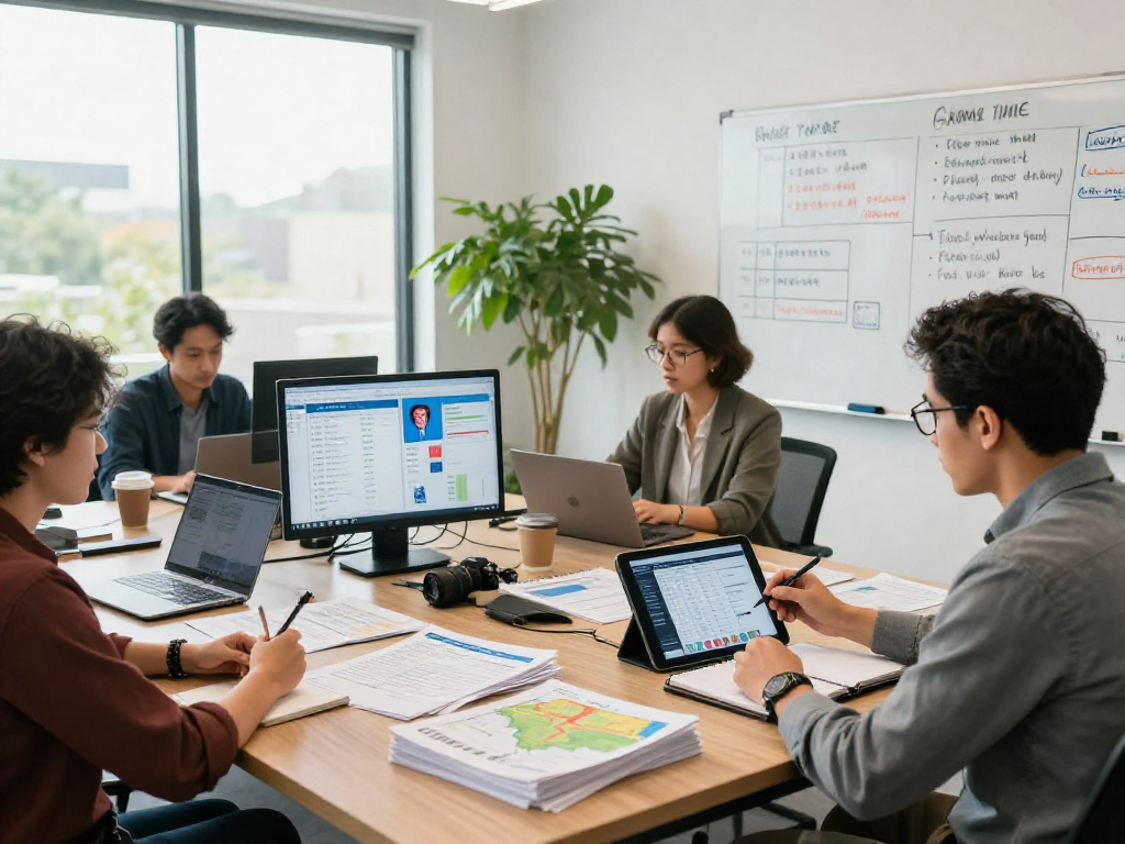 Strategist analyzing voter data for reverse SEO services in a modern campaign office.