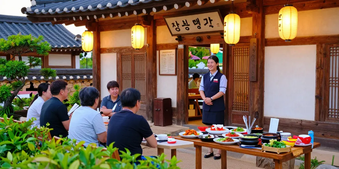 The inviting entrance of 상봉동 한국관 featuring traditional decor and vibrant Korean dishes, capturing the essence of Korean dining.