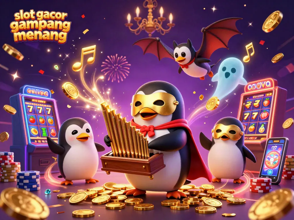 Mainkan slot gacor gampang menang dengan penguin angkuh di kasino, dikelilingi koin emas.