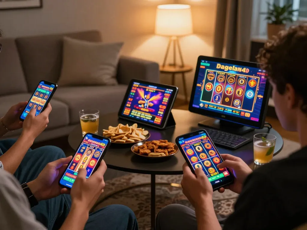 Engaging scene showcasing dagelan4d slot games on smartphones and tablets in a cozy home setting.