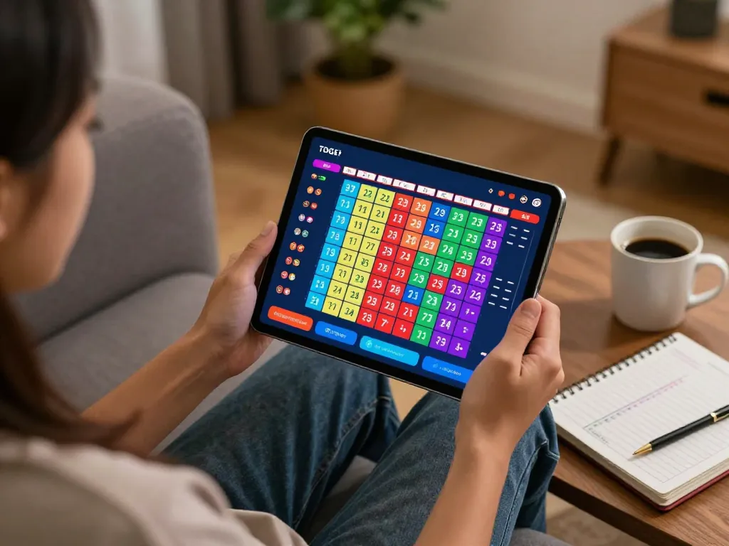 Engaging player experiencing online togel game on tablet with cozy home atmosphere
