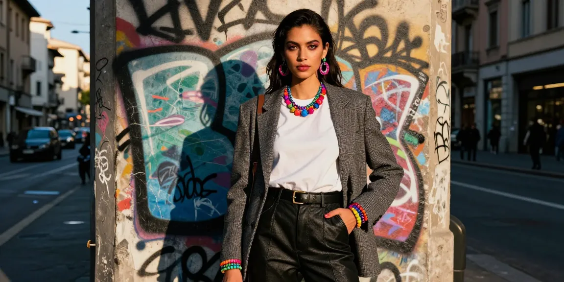 Book Fotografico per Modelli a Milano, modella in outfit trendy su sfondo urbano vivace.