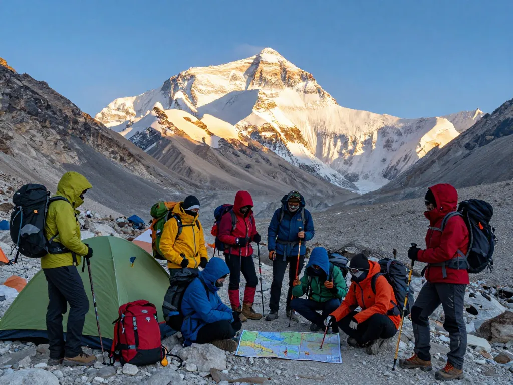 Everest Base Camp Trek with Helicopter Return group of trekkers enjoying sunrise at scenic mountain base camp.