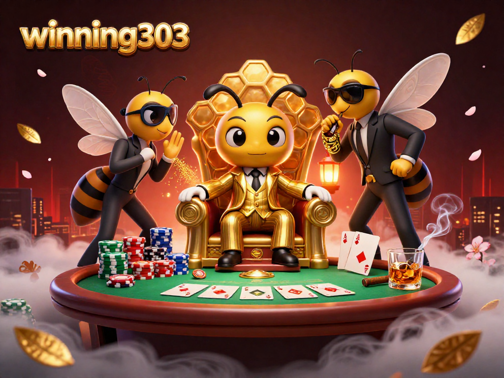 Winning303 scene with a cartoon bumblebee mob boss at a poker table amid colorful chips.