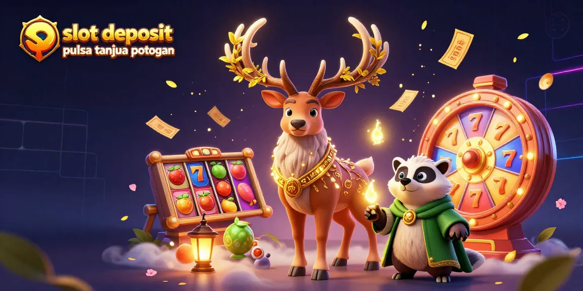 Engage with the excitement of slot deposit pulsa tanpa potongan through a vivid 3D casino illustration featuring colorful slots and festive lights.