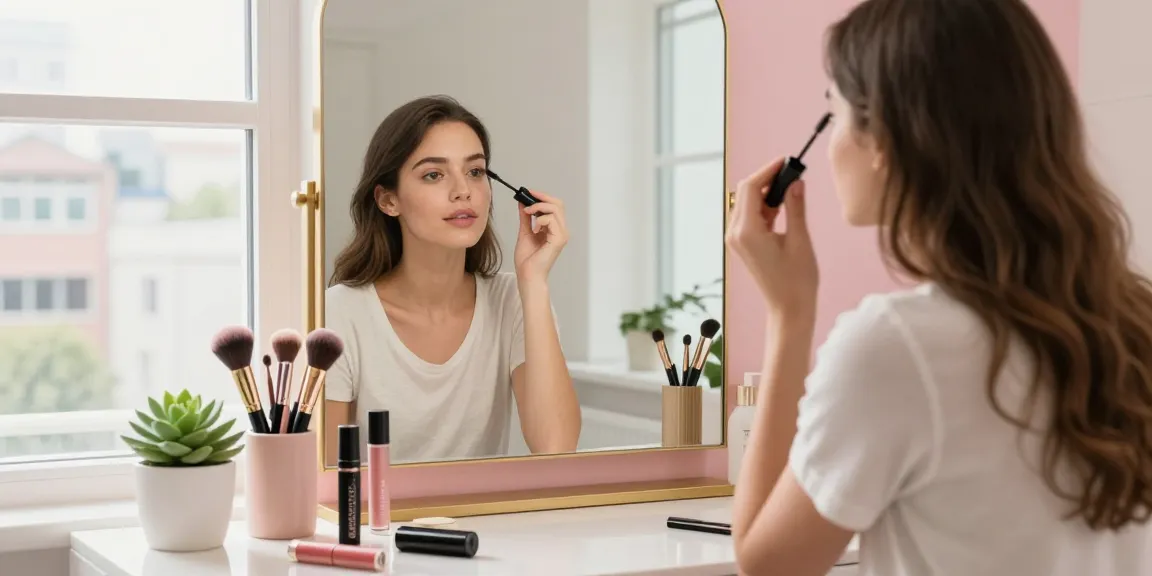 Applying luxe waterproof mascara in a bright urban bathroom, showcasing a beauty routine.