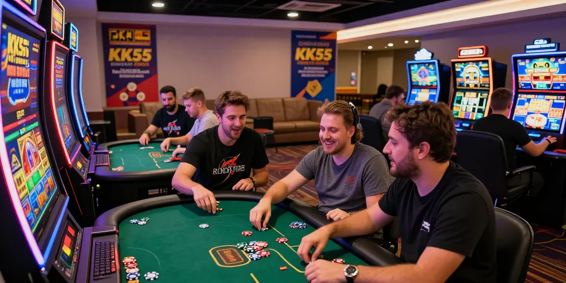 Engaged players celebrating wins in KK55's vibrant online casino atmosphere.