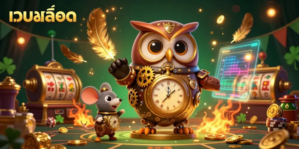 Experience thrilling เว็บสล็อต action with a time-traveling owl in a steampunk casino.