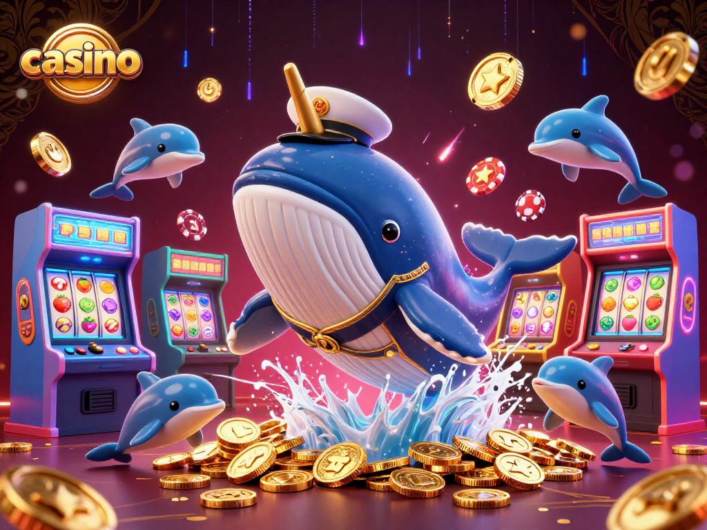 Casino-themed scene with a cartoon whale, narwhal, and dolphins among slot reels and game machines.