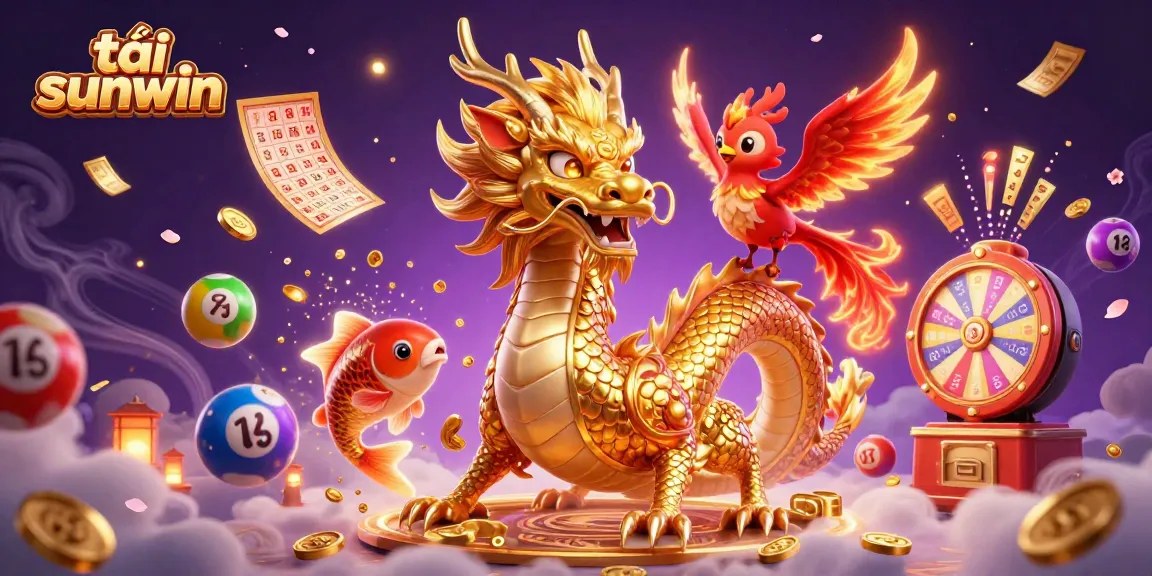 Experience excitement in online gaming with tải sunwin featuring a dragon, phoenix, and koi amidst vibrant gambling elements.