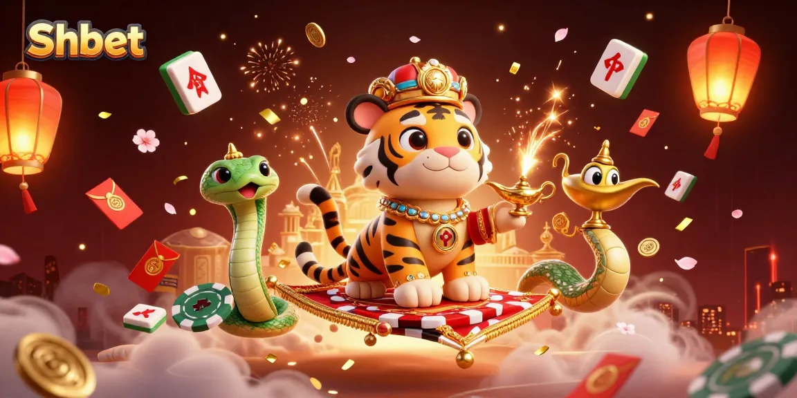 Experience the thrill of Shbet with a vibrant 3D casino illustration of a tiger sultan on a flying carpet.