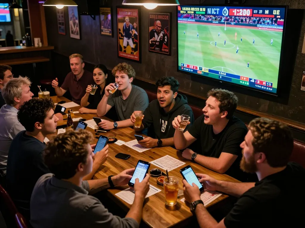 Excited attendees at a sports bar using superjp app for live betting while enjoying the game.