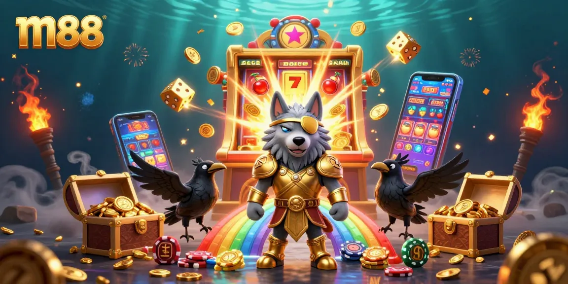 m88 features a captivating scene with a slot machine bursting and colorful treasures flying, perfect for gamblers.