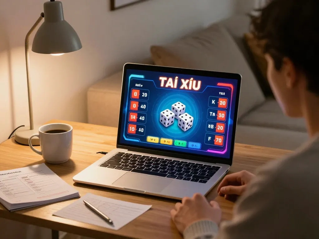 Player engaging in Tài Xỉu online gaming at home, showcasing taixiuonline8 environment with a laptop and strategic notes.