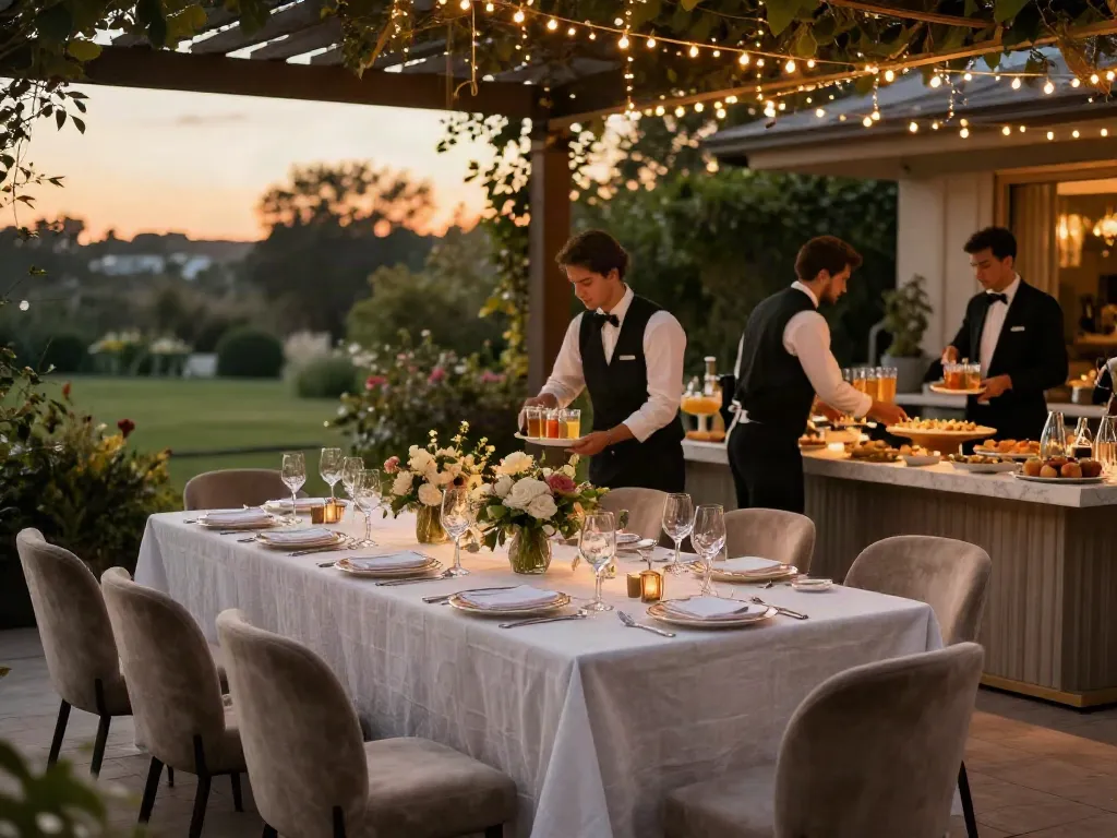 Elegant outdoor event setup showcasing premium event rentals with luxurious decor, beautiful dinner table, and plush seating.