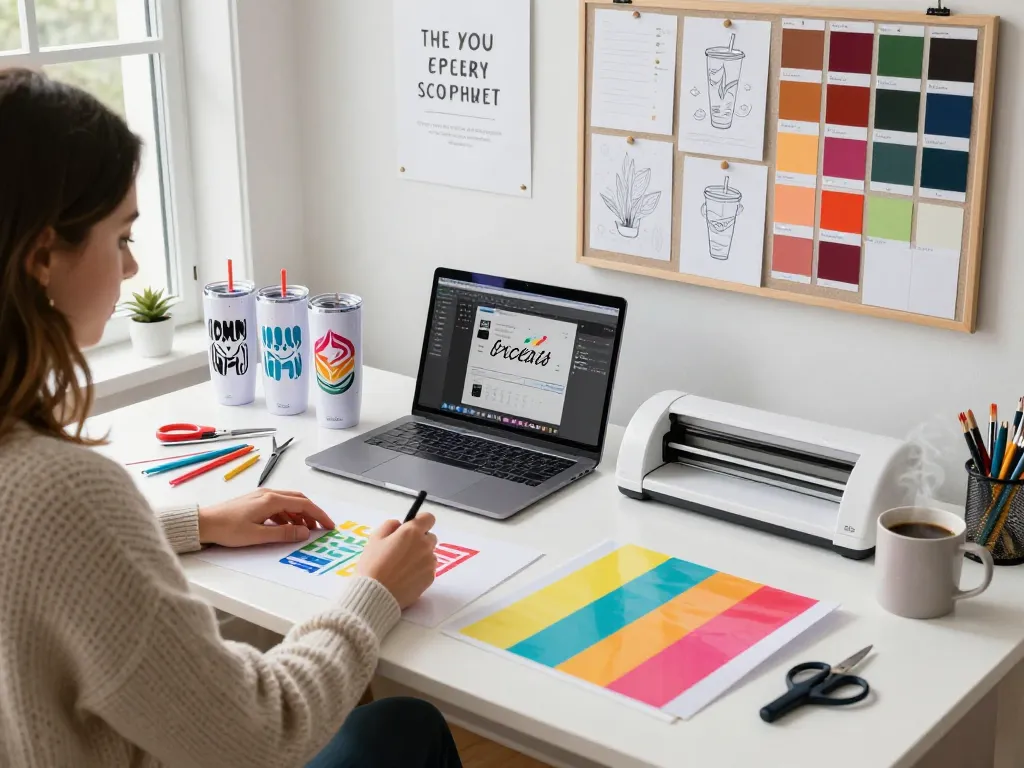 Design workspace showcasing creative SVG bundle designs for tumblers with vibrant colors and tools.