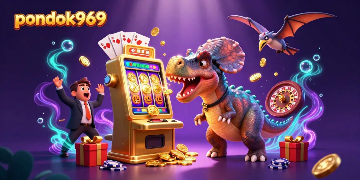 Pondok969 unlocks massive jackpots as pachycephalosaurus triggers a golden slot machine, amidst a colorful casino atmosphere.