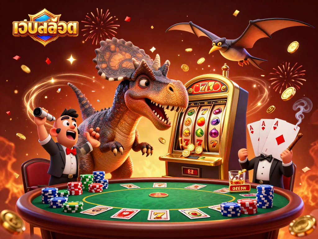 Experience เว็บสล็อต excitement as a dinosaur wins jackpots amidst vibrant casino elements.