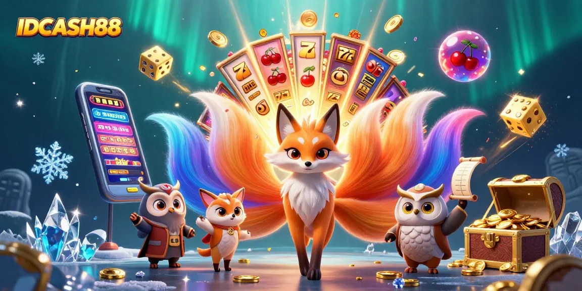 Experience the excitement of IDCASH88 with a vibrant illustration showcasing gaming and jackpot elements.