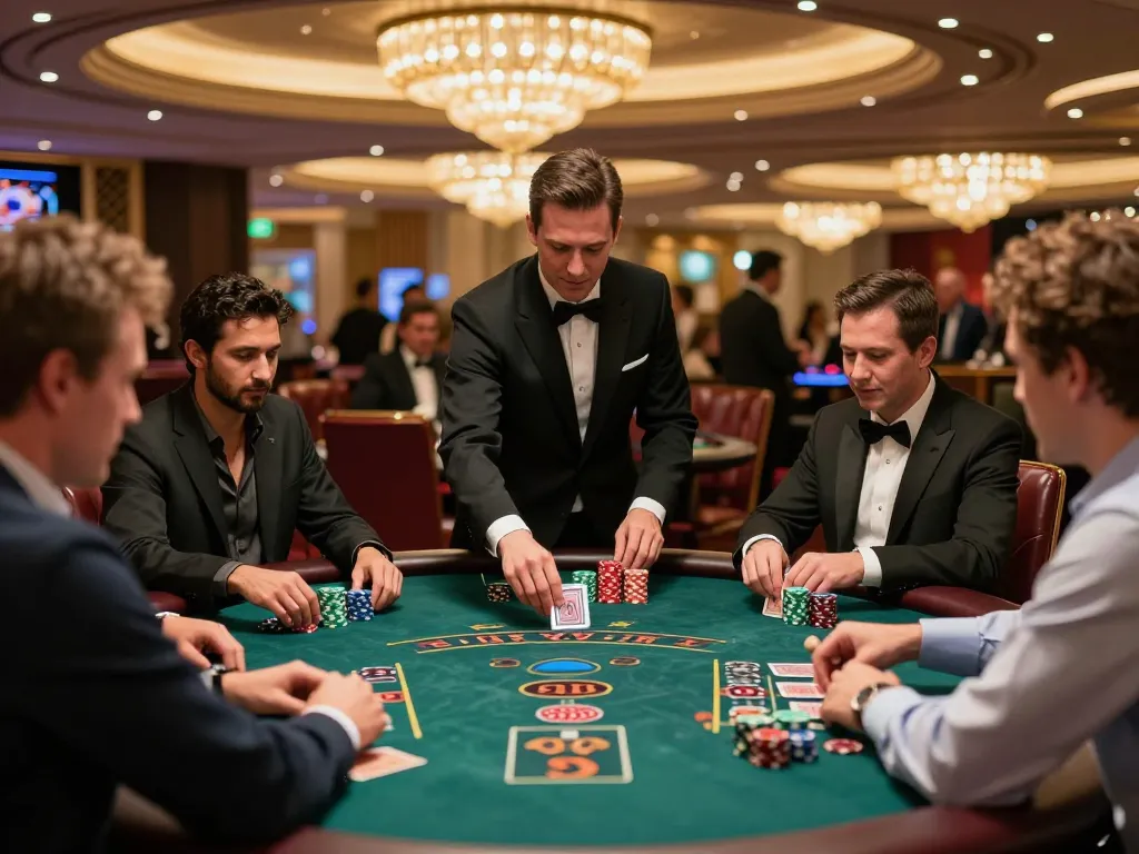 Players strategizing at casino go8 blackjack table, vibrant atmosphere with dealer dealing cards.