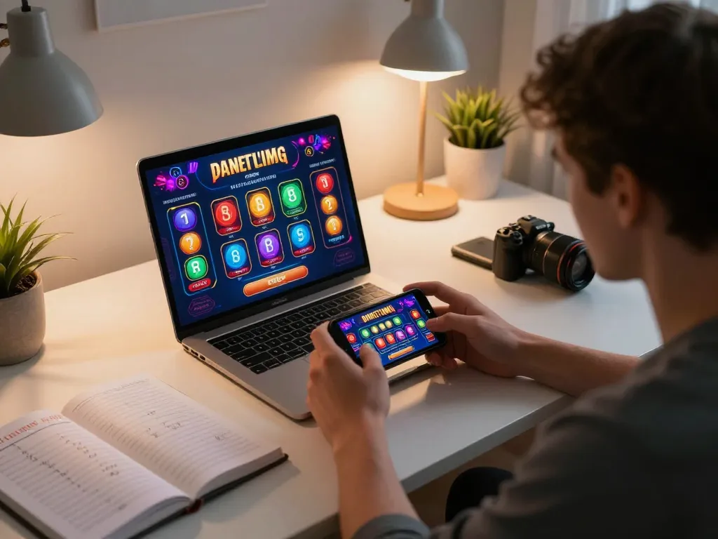 Playing at a white label casino on a smartphone in a cozy home office setting, showcasing strategy notes.