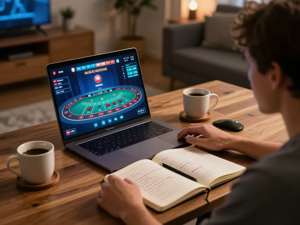 Pemain Bintangmpo merumuskan strategi di rumah selama sesi blackjack online.