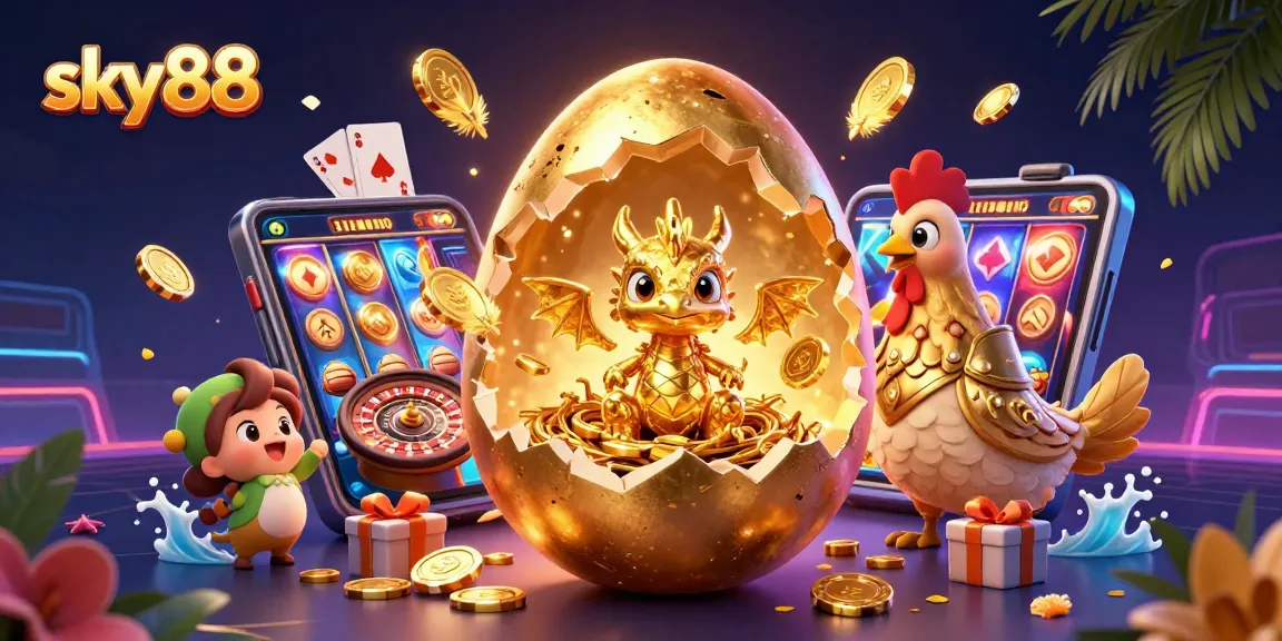 Engage with sky88's thrilling gaming atmosphere featuring a golden dragon and poker elements.