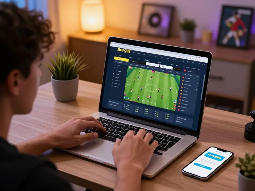 Bong88 player engaged in sports betting on a laptop, showcasing excitement and strategic decision-making in a modern home office.