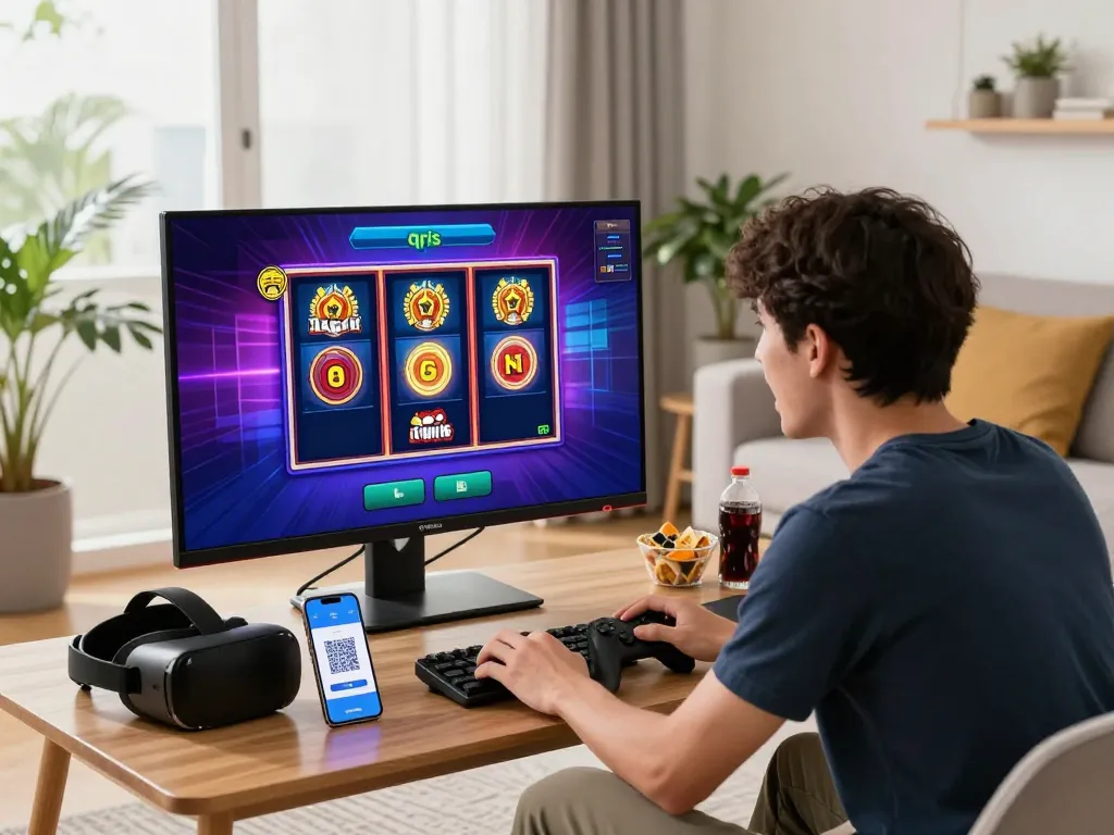 Engaged player enjoying slot qris in a vibrant living room, showcasing gameplay on HD screen.