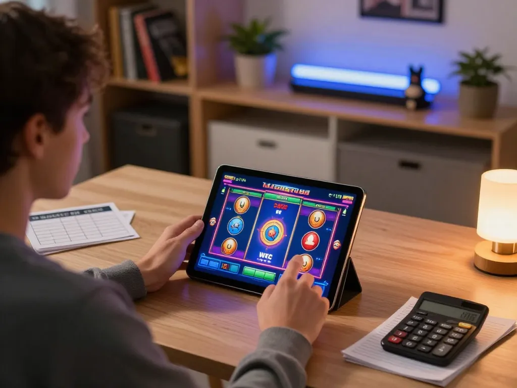 Engaging with online slot gaming, showcasing vibrant interface and responsible budgeting tools.