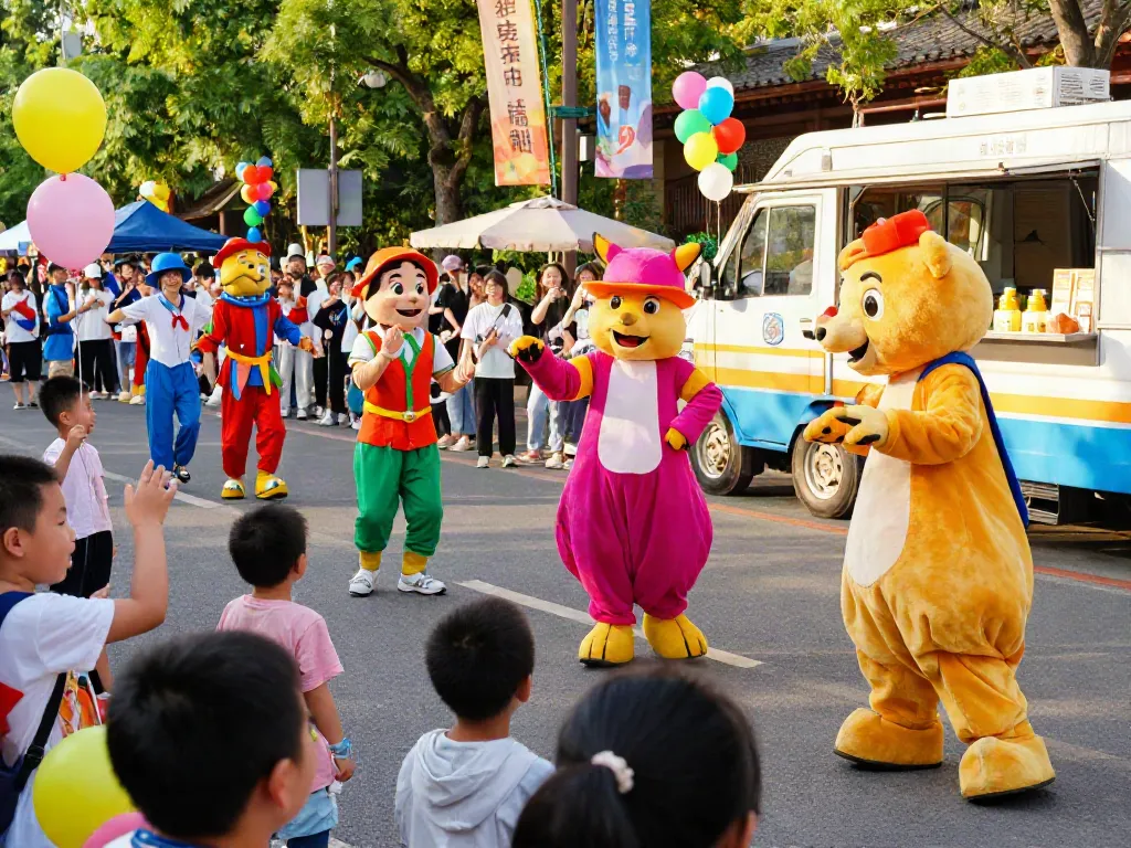 Vibrant event with performers in mascot costumes entertaining a joyful crowd.