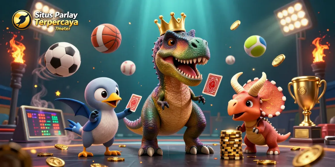 Situs Parlay Terpercaya 7meter showcases a dynamic scene with a friendly T-Rex and vibrant sports elements for gambling.