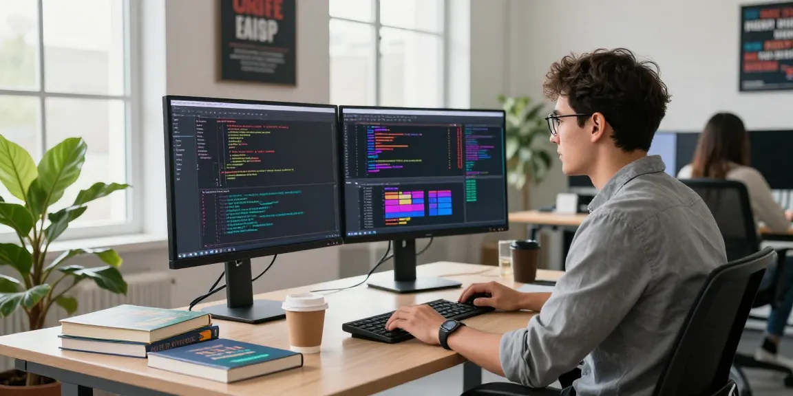 Engaged software engineer coding in a vibrant workspace showcasing 纸飞机中文版 development, with monitors and natural light enhancing the tech environment.