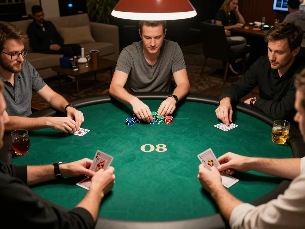 O8 players engaging in a thrilling poker game night with chips and cards visible